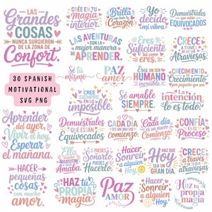 Puede incluir: Una colección de 30 citas motivacionales en español, presentadas en diferentes fuentes y colores, incluyendo rosa, azul y amarillo. Las frases están dispuestas en una cuadrícula, con las palabras "SVG PNG" y "Motivational Español" visibles.