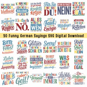 Op de afbeelding: Een digitale download met 30 grappige Duitse uitspraken in verschillende kleuren en lettertypen. De zinnen worden weergegeven in een raster, met de titel "30 Funny German Sayings SVG Digital Download" onderaan.