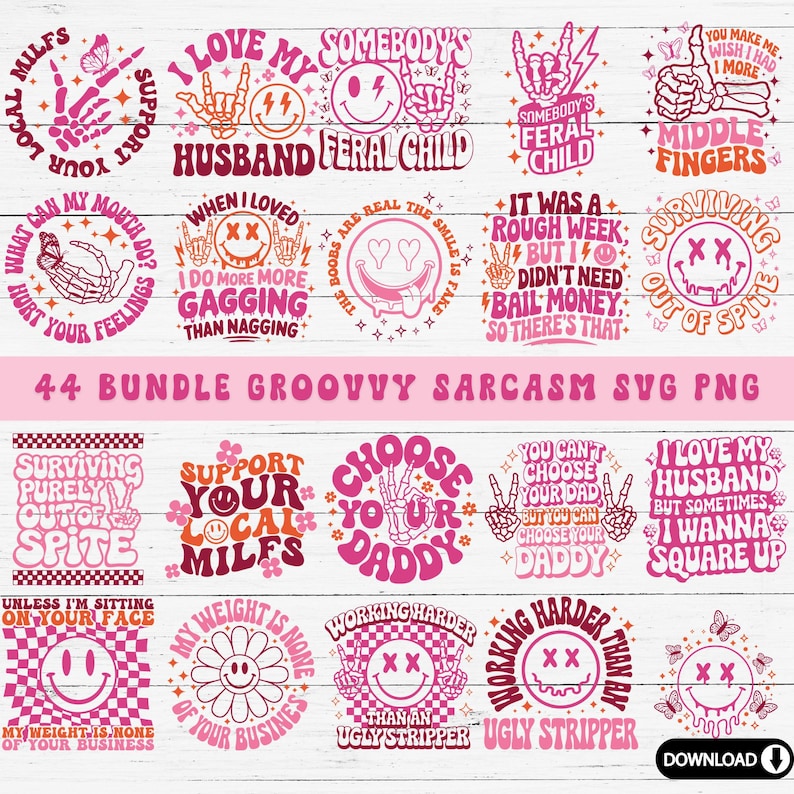 Lot de citations sarcastiques SVG : motifs rétro groovy (44 fichiers) image 2