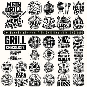 May include: A collection of black and white grilling-themed graphics. The designs include text such as "Mein Grill", "BBQ-Chef", and "Grill Party", along with images of grills, flames, and grilling tools. The text "30 Bundle plotter file Grilling file SVG PNG" is also present.