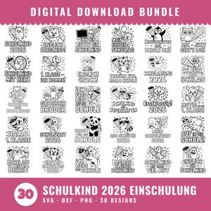 May include: A digital download bundle featuring 30 black and white graphic designs of various animals holding school cones, each accompanied by German text related to starting school, including phrases like Schulkind 2026 and Erstklassig 2026.