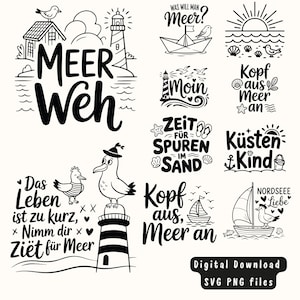 K&ouml;nnte beinhalten: Schwarz-wei&szlig;e digitale Designs mit maritimen Motiven. Enth&auml;lt Illustrationen von Leuchtt&uuml;rmen, M&ouml;wen, Segelbooten und S&auml;tzen wie "Meer Weh" und "Nordsee Liebe". Perfekt f&uuml;r K&uuml;stendekoration.