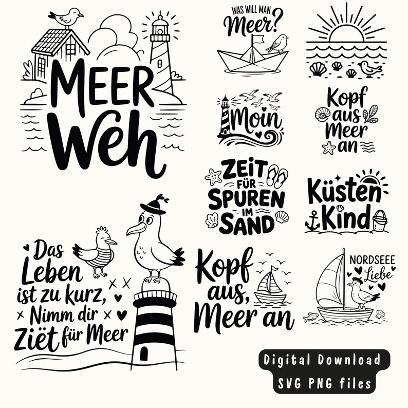 K&ouml;nnte beinhalten: Schwarz-wei&szlig;e digitale Designs mit maritimen Motiven. Enth&auml;lt Illustrationen von Leuchtt&uuml;rmen, M&ouml;wen, Segelbooten und S&auml;tzen wie "Meer Weh" und "Nordsee Liebe". Perfekt f&uuml;r K&uuml;stendekoration.