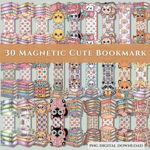 May include: A set of 30 magnetic bookmarks with adorable animal illustrations. Each bookmark showcases a different animal, including a chick, cat, and squirrel, reading a book. The bookmarks are colourful and decorative, ideal for book enthusiasts.