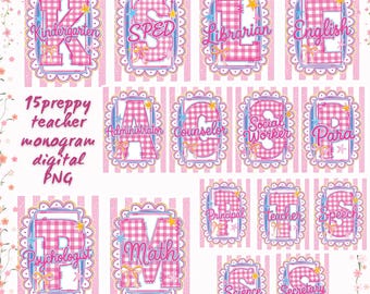12 Bundle Teacher Monogram Preppy Coquette PNG | School Staff Craft File (Digital Download)