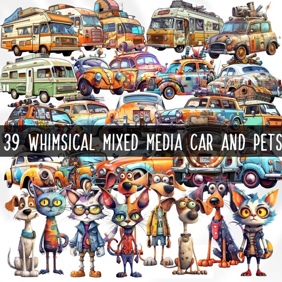 39 files Bundle Whimsical Decor Mixed Media Car Dogs Cats DIY Craft | PNG Graphics | Quirky Kids Clipart Gift for Birthday | Commercial Use