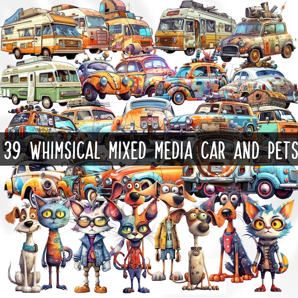 39 files Bundle Whimsical Decor Mixed Media Car Dogs Cats DIY Craft | PNG Graphics | Quirky Kids Clipart Gift for Birthday | Commercial Use