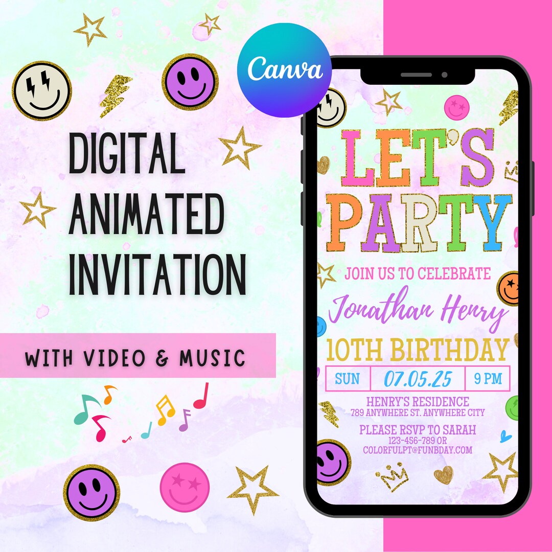 Animated Let's Party Birthday Invitation: Pastel Patch Letter (editable ...