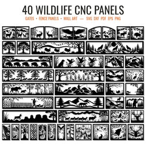 Puede incluir: Una colección de 40 diseños de paneles CNC de vida silvestre en blanco y negro con siluetas de animales como ciervos, lobos, osos y águilas en paisajes naturales. El texto dice 40 WILDLIFE CNC PANELS, GATES, FENCE PANELS, WALL ART, SVG DXF PDF EPS PNG.