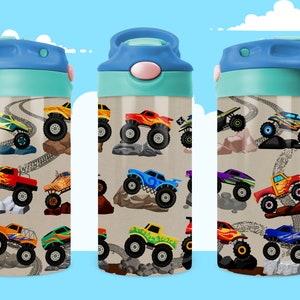 Kids Water Bottle 12 oz kid Monster Truck Sublimation birthday gift for boy racing car  png,Sublimation Digital Download,Your Name flip top