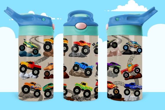 Kids Water Bottle 12 oz kid Monster Truck Sublimation birthday gift for boy racing car  png,Sublimation Digital Download,Your Name flip top