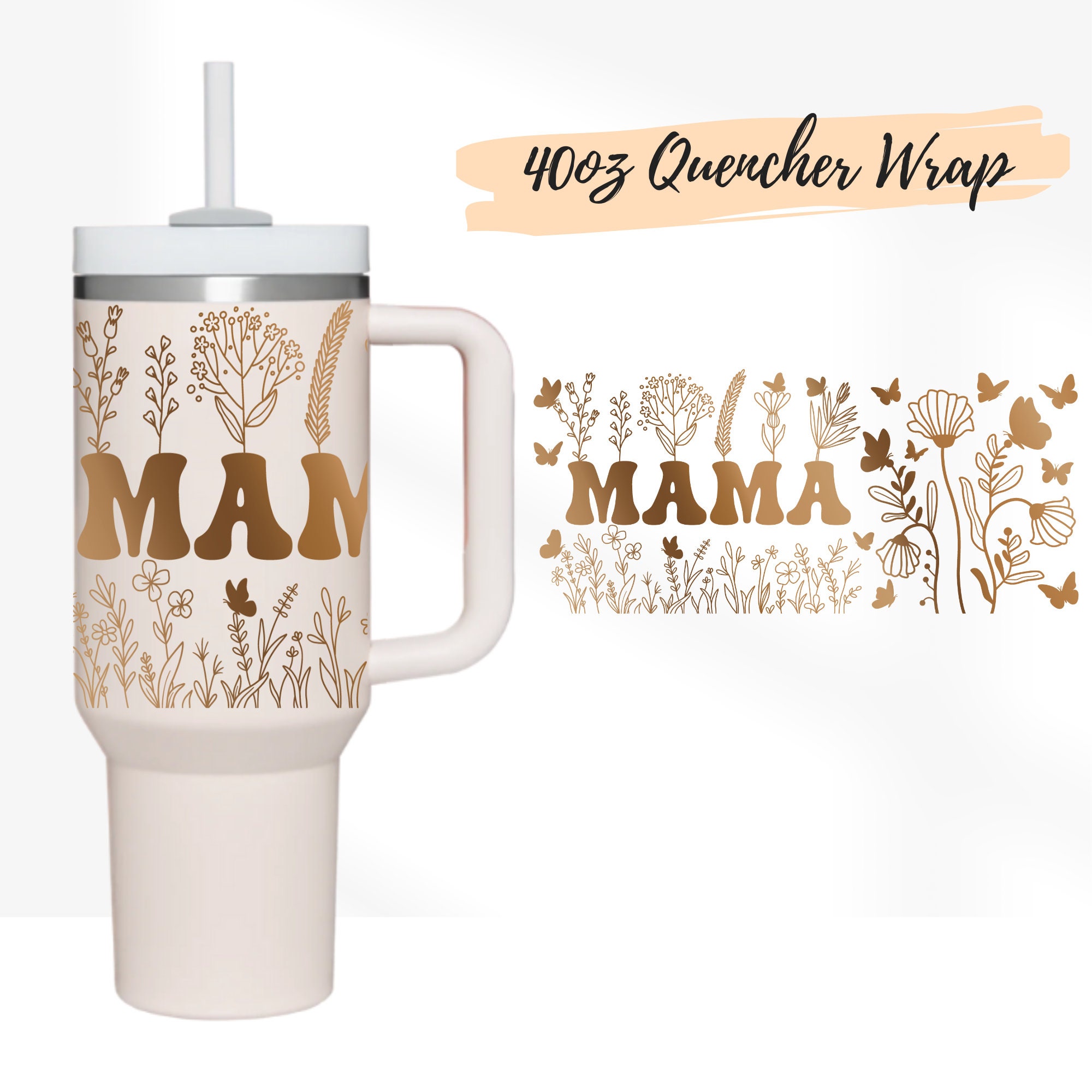 MAMA Flower Engraved Wrap Stanley-style 40 Ounce Cup With Handle 