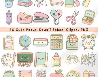 Op de afbeelding: Een verzameling van 30 schattige pastel kawaii school clipart PNG-afbeeldingen. De afbeeldingen bevatten een verscheidenheid aan schoolbenodigdheden zoals potloden, gummen, een rugzak, een schoolbus, een wereldbol, een rekenmachine en een lunchbox.
