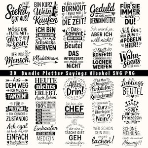 Op de afbeelding: Een verzameling van 30 zwart-witte SVG- en PNG-bestanden met Duitse zinnen en uitspraken, perfect voor knutselprojecten. De ontwerpen bevatten citaten over wijn, winkelen en humor, ideaal voor het maken van gepersonaliseerde cadeaus.