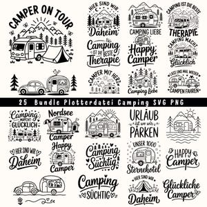 Puede incluir: Un conjunto de 25 diseños SVG y PNG en blanco y negro con temática de camping. Los diseños incluyen furgonetas camper, tiendas de campaña y frases como "Camper on Tour" y "Happy Camper". Ideal para manualidades.