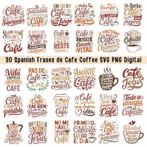 Puede incluir: Gráfico digital con 30 frases españolas sobre el café, en varias fuentes y diseños. Las frases están en una mezcla de colores, incluyendo rojo, marrón y negro, sobre un fondo blanco. También se incluye el texto "30 Spanish Frases de Cafe Coffee SVG PNG Digital".