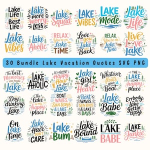 Könnte beinhalten: Eine Sammlung von 30 Urlaubszitaten zum Thema See in verschiedenen Schriftarten und Farben, darunter Sätze wie "Lake Life", "Lake Vibes" und "Lake Babe". Das Design ist für SVG- und PNG-Formate geeignet.