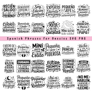 May include: A collection of Spanish phrases for onesies in a digital SVG and PNG format. The phrases include "Mini Humano", "Príncipe de Mamá", and "Hecho con Amor y Desvelo", among others, all in a decorative font.