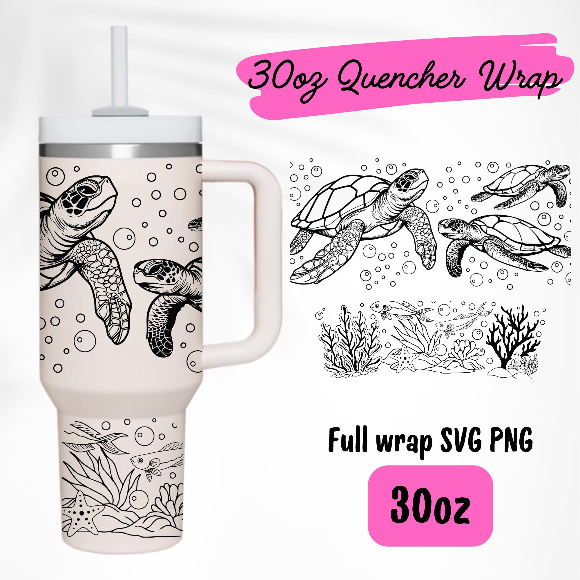 2 Designs 30oz Quencher Stanley Full Wrap Tumbler Turtle Laser Engraved Ocean Lover SVG | Sea Turtle Under the Sea Tumbler PNG SVG file