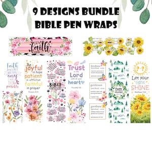 以下が含まれることがあります： 花柄と自然のデザインが施された、カラフルな聖書用ペンラッピング9種類。ラッピングには、「信仰は物事を容易にするのではなく、可能にする」「希望に満ちて喜び、苦難に耐え忍び、祈りに忠実であれ」「全き心で主に信頼せよ」「あなたの光を輝かせよ」など、インスピレーションを与える引用句と聖書の言葉が書かれています。