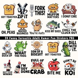 20 Bundle Sarcastic Adult Humor Pun Sticker | Quirky Clipart Funny Quirky Expression Decals Digital Download Crafting and DIY Download PNG