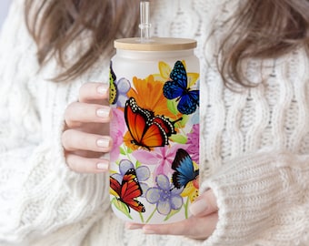 16 oz Libbey Glass Can Tumbler Sublimation Design Butterfly Sunflower gift for Mom Floral Tumbler Wrap Blue butterflies png
