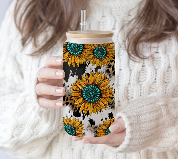 Sunflower 16oz Libbey Glass Can Tumbler Mom Wrap Sublimation PNG
