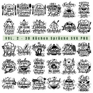 May include: A collection of thirty black and white digital graphic designs featuring various German kitchen-themed phrases, culinary illustrations like utensils, food items, and decorative elements arranged in a grid for crafting projects.