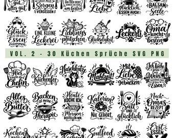 May include: A collection of thirty black and white digital graphic designs featuring various German kitchen-themed phrases, culinary illustrations like utensils, food items, and decorative elements arranged in a grid for crafting projects.