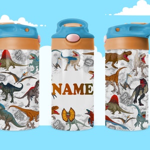 Kids Water Bottle 12 oz kid 20oz Sublimation Png birthday gift for boy Skinny Dinosaurs add Name ,Sublimation Digital Download,flip top wrap