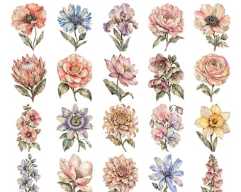 20 Mixed Media Flowers PNG Bundle | Vintage Book Page Watercolor Floral Clipart, Junk Journal Ephemera, Botanical Sublimation