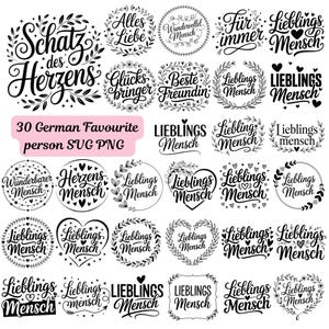Op de afbeelding: Een verzameling van 30 Duitse SVG- en PNG-ontwerpen. De ontwerpen bevatten verschillende zinnen zoals "Schatz des Herzens" en "Lieblingsmensch" in decoratieve lettertypen, omringd door bloemen- en hartmotieven. De tekst "30 German Favourite person SVG PNG" is ook opgenomen.