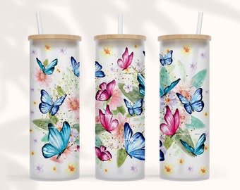 20 25 oz frosted glass tumbler png Sublimation Design Butterfly Sunflower gift for Mom Floral Tumbler Wrap Blue butterflies PNG