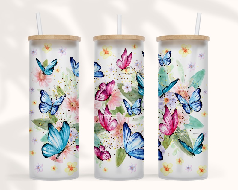 25 Oz Frosted Glass Tumbler Png Sublimation Design Butterfly Etsy