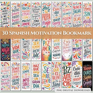 May include: A collection of 30 Spanish motivation bookmarks with colorful designs and inspirational quotes. Each bookmark features unique typography and vibrant color schemes, perfect for personal use or gifts.