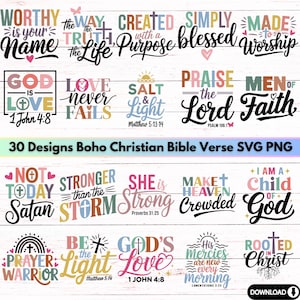 Lot de 30 Boho Christian Svg | Verset de la Bible Svg | Religieux Jésus foi Svg | Ensemble Svg de citations chrétiennes | Téléchargement numérique style bohème