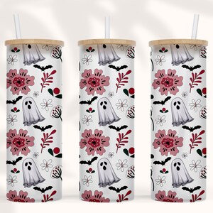 25 20 oz Libbey Glass Can Sublimation Seamless Floral Ghost Halloween Flower Scary Tumble Wasserrutsche digital download full wrap PNG Dateien