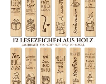 12 Lesezeichen SVG Laserdatei, Holz Lesezeichen Laser Datei, Leseratte Bücherwurm Sprüche, Glowforge xTool dxf, Geschenk Buchliebhaber