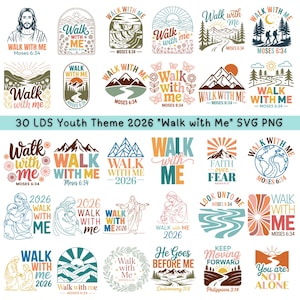 Puede incluir: Una colección de 30 diseños SVG PNG del tema juvenil LDS 2026 "Walk with Me". Los diseños presentan ilustraciones de paisajes, figuras religiosas y texto. La paleta de colores incluye tonos de azul, naranja y verde.