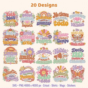 May include: A collection of 20 colourful graphic designs featuring motivational Spanish phrases, floral elements, rainbows, butterflies, and smiley faces. The text includes messages like Está bien no estar bien, Pedir ayuda es de valientes, and Hoy elijo mi paz.