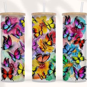 20 25 oz Libbey Glass Can Sublimation Design Butterfly Sunflower cadeau voor mama Floral Tumbler Wrap Blauwe vlinders png 25 oz matglas