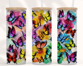 20 25 oz Libbey Glass Can Sublimation Design Butterfly Sunflower gift for Mom Floral Tumbler Wrap Blue butterflies png 25 oz frosted glass