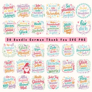 以下が含まれることがあります： 30個のドイツ語のサンキューSVGとPNGのデザインのコレクション。各デザインは、円形または花のフレームにカラフルで気まぐれなテキストを特徴としています。「愛」、「幸福」、および「ありがとう」などのフレーズが含まれています。