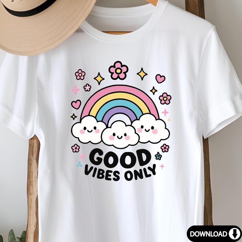 May include: White t-shirt with a rainbow, clouds, and flowers graphic. The text "GOOD VIBES ONLY" is printed in black below the graphic.