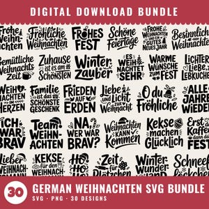 Könnte beinhalten: Ein digitales Download-Paket mit 30 schwarzen, deutschen Weihnachts-Typografie-Designs auf hellem Hintergrund. Die Sammlung enthält verschiedene Schriftzüge wie Frohe Weihnachten, Winterzauber und Ho Ho Ho, verziert mit kleinen Symbolen.