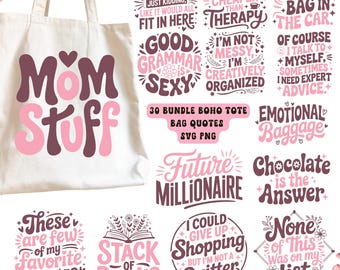 Pakiet Boho Tote Bag SVG: Zabawne cytaty z toreb na zakupy (cyfrowe)