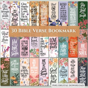 Peut inclure: Ensemble de 30 marque-pages de versets bibliques avec des motifs floraux et des citations inspirantes. Chaque marque-page présente un verset différent, avec une variété de couleurs et de polices. Le texte "30 Bible Verse Bookmark" est affiché.