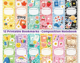 12 Composition Notebook Bookmarks Printable Teacher Gift PNG | Cute Kawaii School Bookmark Set (Digital Download)