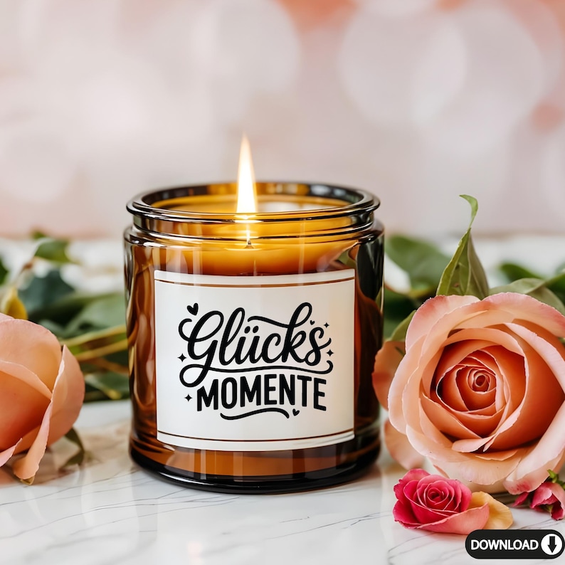 May include: A burning candle in a brown glass jar, with a white label displaying the words "Gl&uuml;cks Momente" in black script. The candle is set amongst peach-coloured roses and green leaves, against a soft, blurred backdrop.
