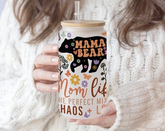 16 oz Libbey Glass Can Tumbler Boho Retro Mama Bear Flowers | Wildflower Mother Day Cute Design | Mom Life Gift for Mom 2 PNG files